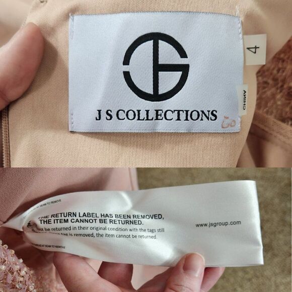 JS COLLECTIONS Beaded Illusion Sleeve Trumpet Gown In Blush NWT Size 4 - Picture 7 of 16